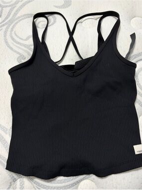 Vuori Black Ribbed Cropped Tank with Crisscross Straps